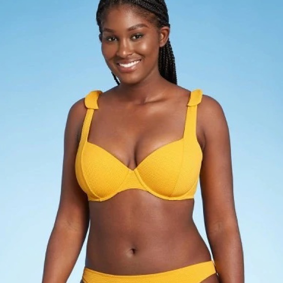 NWOT Shade & Shore Light Lift Shoulder Tie Textured Bikini Top YELLOW - SIZE 34C - Picture 3 of 8